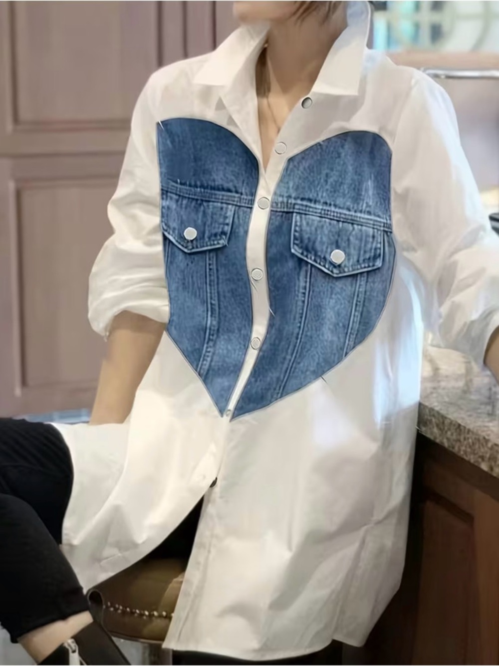 Size Medium Denim Patchwork heart - White Button-Up Shirt with Denim Heart top - Picture 2 of 8